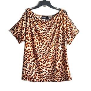 Attitudes by Renee Global Illusions Animal Print Tunic Top Leopard Brown L